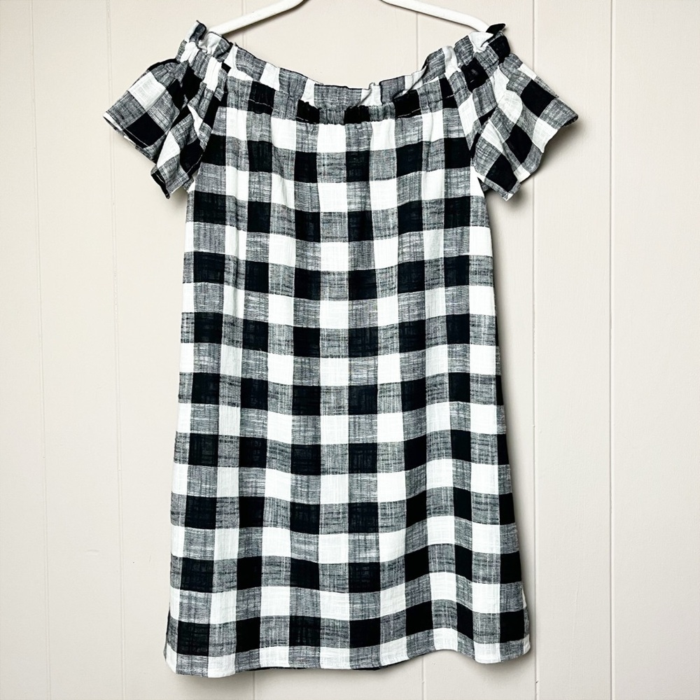 Anthropologie Corey Lynn Calter Off Shoulder‎ Black Gingham Dress XS mini linen - Picture 6 of 11